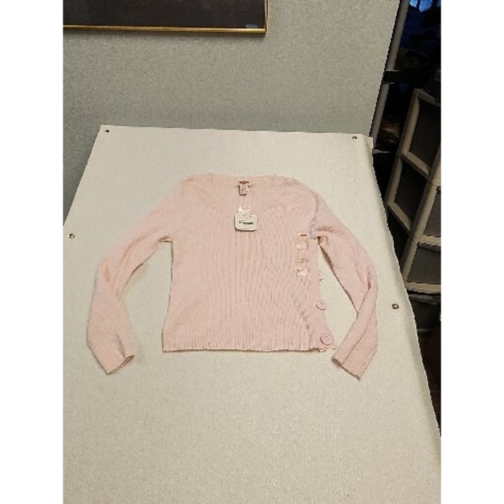 Canyon River Blue Pink Ribbed V-Neck Sweater Side Button Detail Womens Large NWT